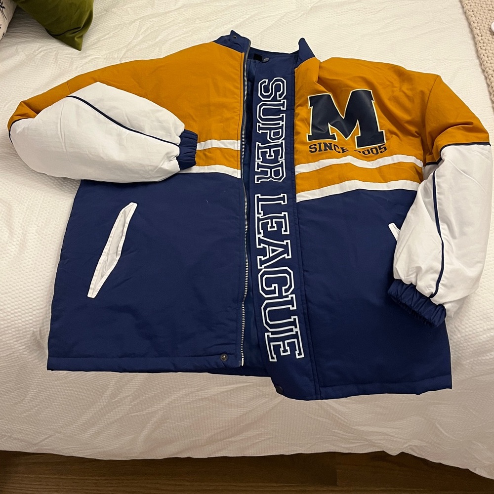 PrettyLittleThing Women’s Blue and Gold Yellow Varsity Bomber Jacket